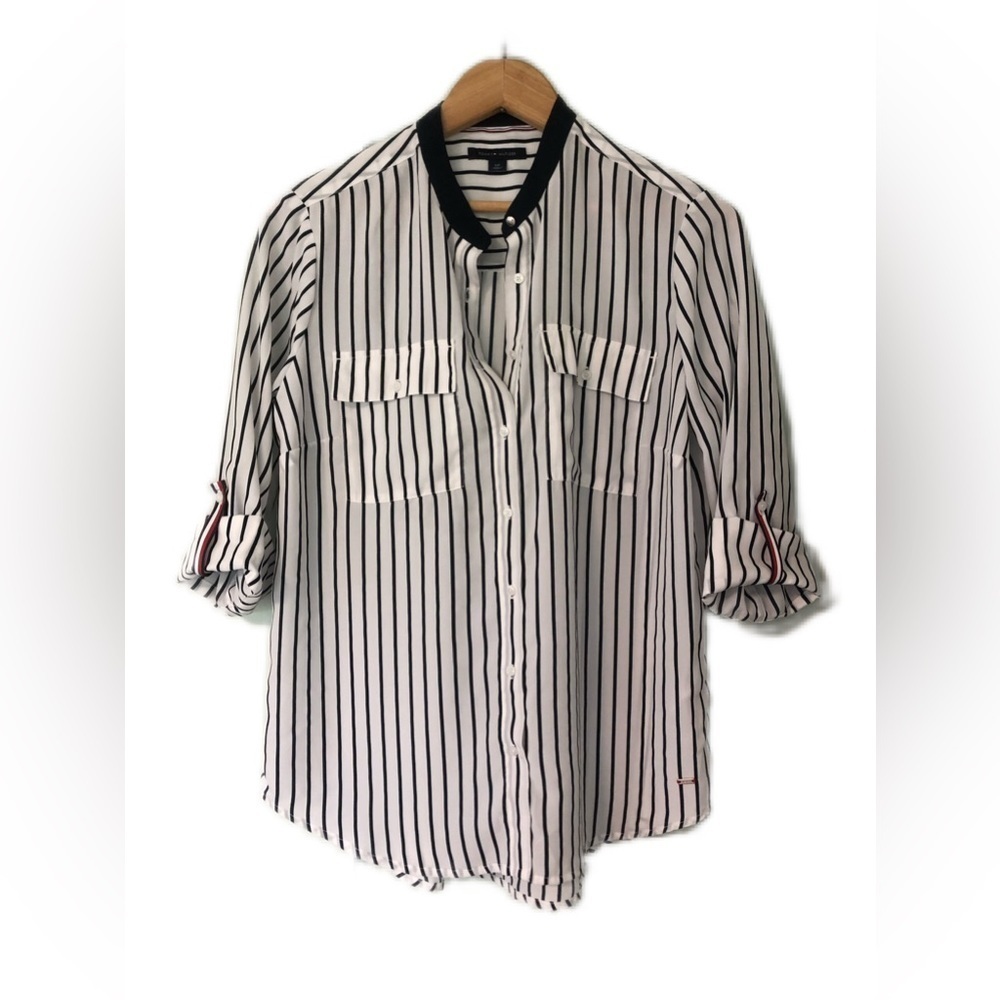 Tommy Hilfiger Black and White Striped Button Down Shirt